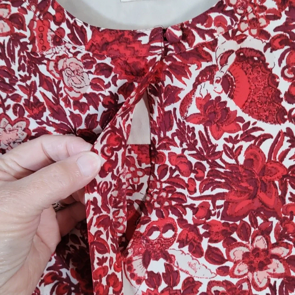 7131 Tory Burch red and burgundy floral L/S silk blouse 8